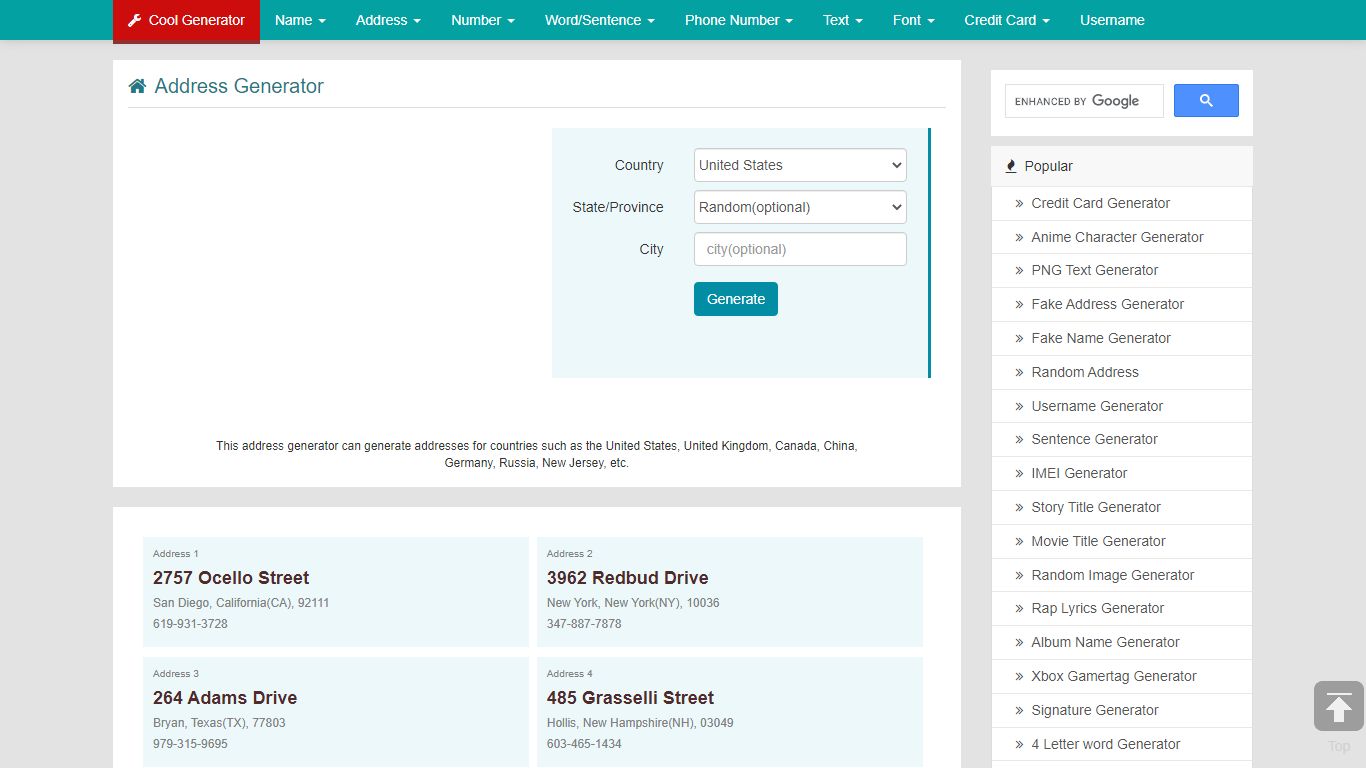 Address Generator | Cool Generator List
